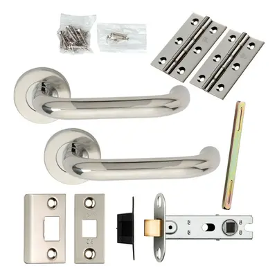 Door Handle & Latch Pack Polished Steel Safety Lever Screwless Round Rose