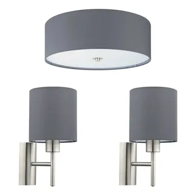 Low Ceiling Light & 2x Matching Wall Lights Grey Fabric Round Shade Lamp