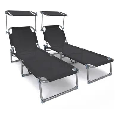 VOUNOT Textilene Folding Sun Loungers Set of with Backrest & Sunshade, Black