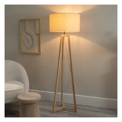 ValueLights Lottie Natural Shade Natural Wood Tripod Floor Lamp & Bulb