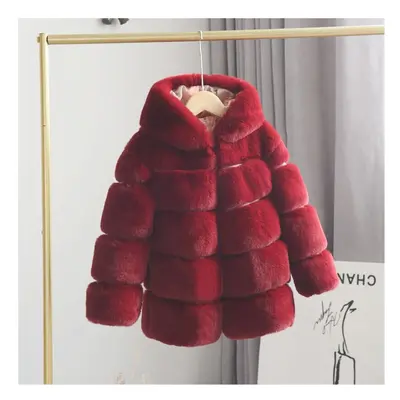 (Burgundy, Years) Kids Girls Rabbit Fur Coat Padded Winter Jacket UK