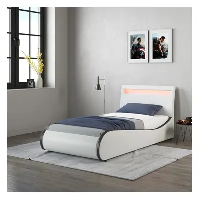 (White With Black Trim, Single x 90cm) Orion Faux Leather LED Lights Headboard Bed Frame