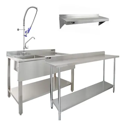 Stainless Steel Catering Bench & Wall Shelves Commercial Kitchen Work Prep Table