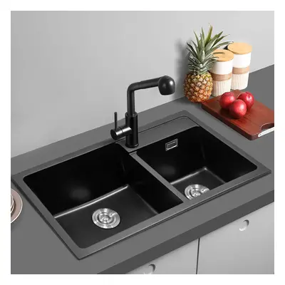 Undermount Quartz Kitchen Sink Double Bowl Black