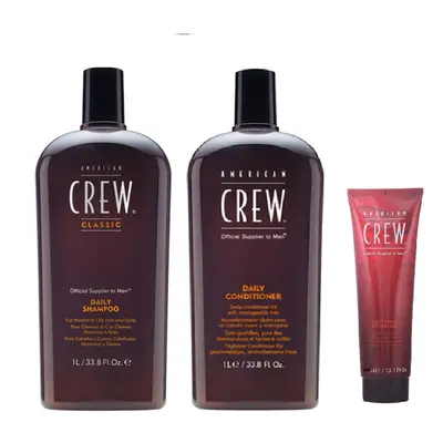 American Crew Daily Moisturizing Shampoo 1000ml, Conditioner 1000ml and Light Hold Gel 250ml