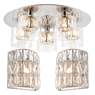 5 Bulb Ceiling Lamp & 2x Matching Flush Wall Light Round Chrome & Crystal Glass