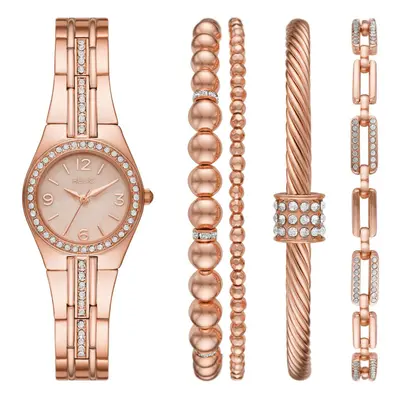 Queen's Court Three-Hand Rose Gold Tone Metal Watch Gift Set with Bracelet Accessories (Model: Z