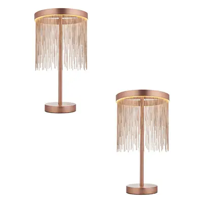 2 PACK Brushed Copper Table Lamp & Waterfall Chain Shade - Integrated LED Module