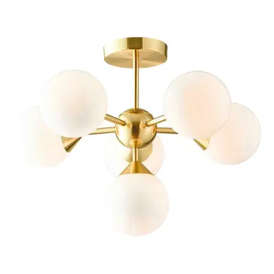 Semi Flush Ceiling Light Satin Brass Plate & Gloss White Glass x 18W G9