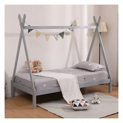 (Grey No Trundle, No Mattress) Harry Teepee Tent Kids Single Wooden Bed Frame