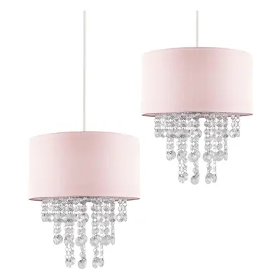 Pair of - Modern Pink Cylinder Ceiling Pendant Light Shades with Clear Acrylic Jewel Effect Drop