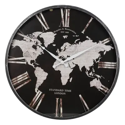 Large Black Wall Clock Metal World Map Roman Numerals Vintage Design