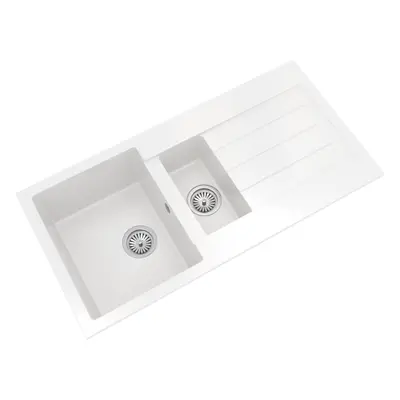 101cm Kitchen 1.5 Bowl Composite Inset Sink with Overflow & Drainer - Matt White