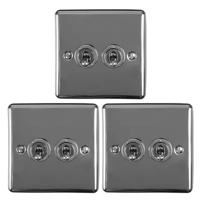 3 PACK Gang Double Retro Toggle Light Switch BLACK NICKEL 10A Way Plate