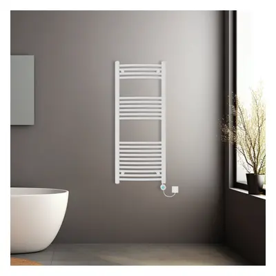 (White, 1200x500mm) Prefilled Electric Heated Towel Rail Radiator Curved Thermo Smart WiFi