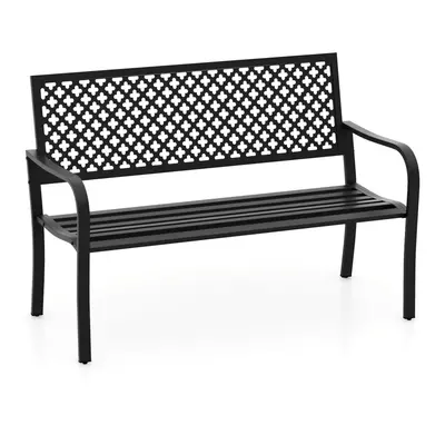 Outdoor Garden Bench 2-Person Heavy Duty Metal Bench w/ Slatted Seat