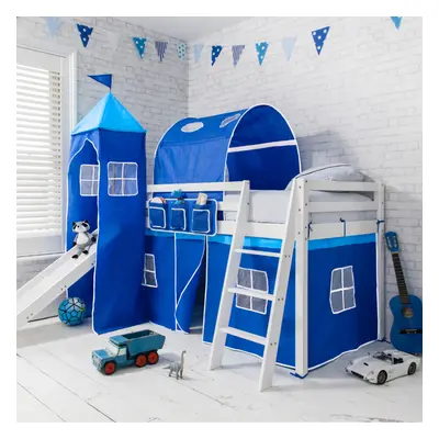 Moro Cabin Bed with Slide and Brilliant Blue Cotton Tent, Tower & Tunnel in White