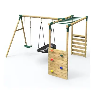 (Double Swing Sage, Green) Rebo Wooden Garden Children's Swing Set with Extra-Long Monkey Bars