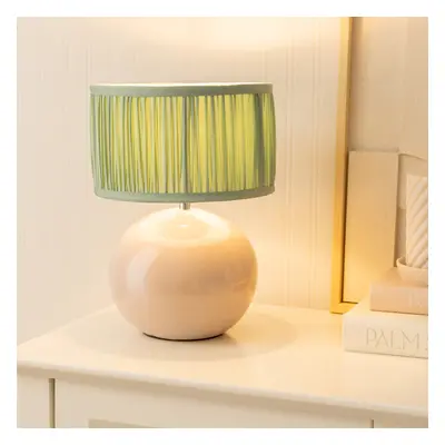 ValueLights Bosco Ruched Green Lamp Shade Stone Ceramic Table Lamp