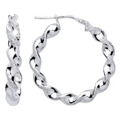 Jewelco London Ladies Rhodium Plated Sterling Silver Frosted Satin Chunky Twist Hoop Earrings 26