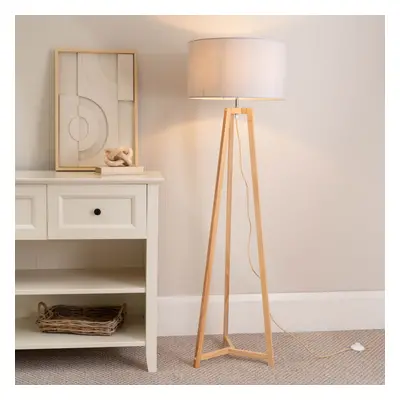 ValueLights Lottie Grey Drum Shade Natural Wood Tripod Floor Lamp