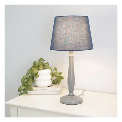 ValueLights Victoria Navy Tapered Shade Grey Wood Table Lamp & Bulb