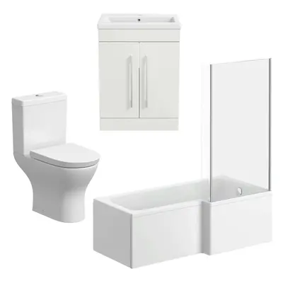 Bathroom Suite 1700mm RH Shape Bath Screen Toilet Basin Sink Vanity Unit White