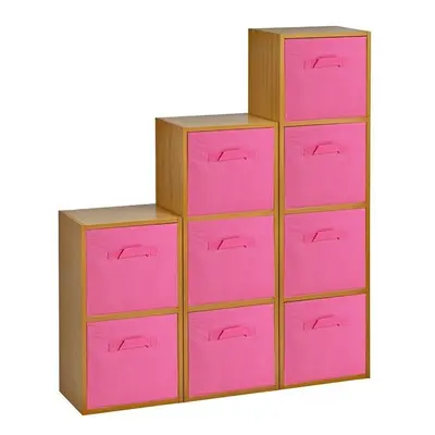 (Beech, Dark Pink) Cubed Wooden Storage Units Shelves + Drawers