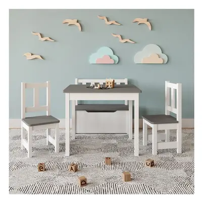 (White/Grey) Wooden Kids Table, Chairs & Toy Storage Bench