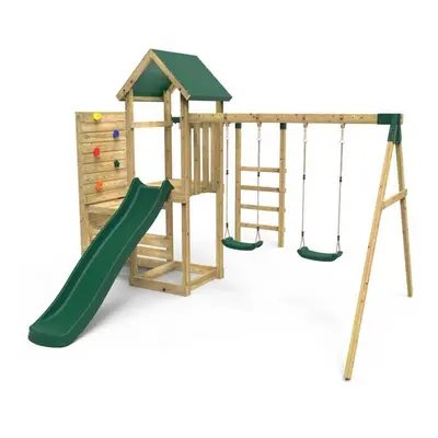 Rebo Wooden Climbing Frame with Vertical Rock Wall, Swing Set and Slide - El Capitan+