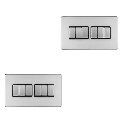 2 PACK Gang Multi Light Switch SCREWLESS SATIN STEEL Way 10A Slim Rocker