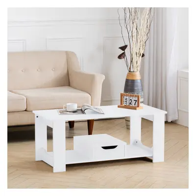 (White) Tier Wood Coffee Table Rectangle with Storage Shelf Tea Table Central Table