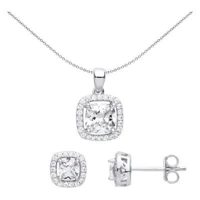 Jewelco London Ladies Rhodium Plated Sterling Silver Cushion CZ TV Square Halo Solitaire Earring