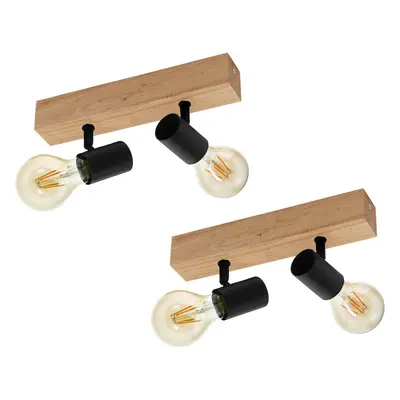 2 PACK Wall Light Colour Brown Wood Back Plate Black Bulb Holder Bulb E27 2x60W