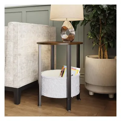 FWStyle Round Industrial Design Side Table With Cream Fabric Storage Base