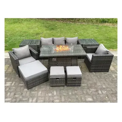 Fimous Wicker PE Rattan Garden Furniture Set Gas Fire Pit Dining Table Gas Heater Burner Seater 