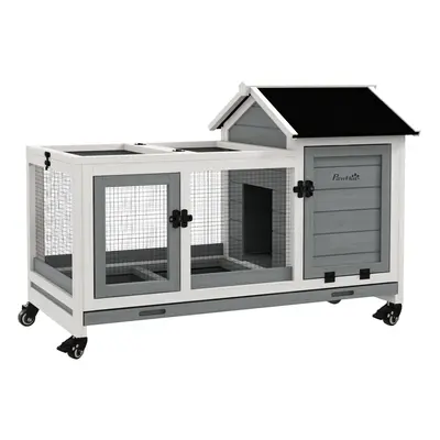 PawHut Wooden Rabbit Hutch, Small Animal House w/ Wheels, Removable Tray - Grey