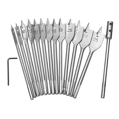 13pcs 6-25mm Wood Spade Flat Drill Bits with Extension Rod 1/4 Inch Hex Shank