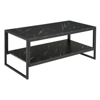 HOMCOM Two-Tier Coffee Table with Marble Effect Shelf and Metal Frame Black