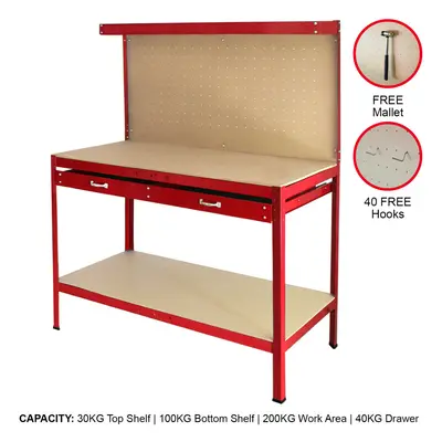 (Red) Workbench With Pegboard And Drawer Tool Garage Storage Heavy-Duty Steel Workshop DIY