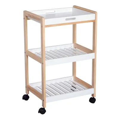 HOMCOM Mobile Serving Trolley Kitchen Cart Pine Wood Rolling Wheels White