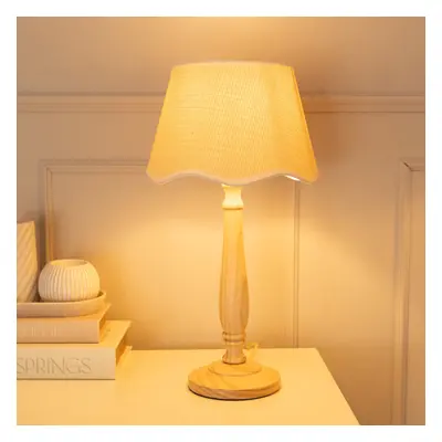 ValueLights Victoria Scallop White Trim Shade Wooden Table Lamp & Bulb