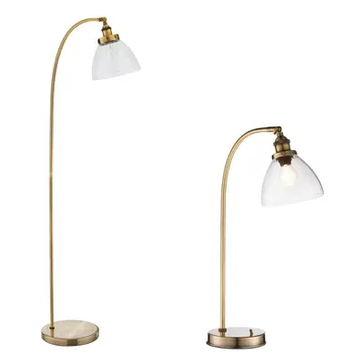 Standing Floor & Table Lamp Set Antique Brass Glass Shade Retro Industrial Light