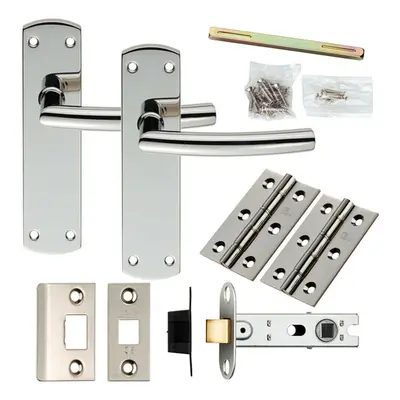 Door Handle & Latch Pack Polished Steel Curved Bar Lever Slim Backplate