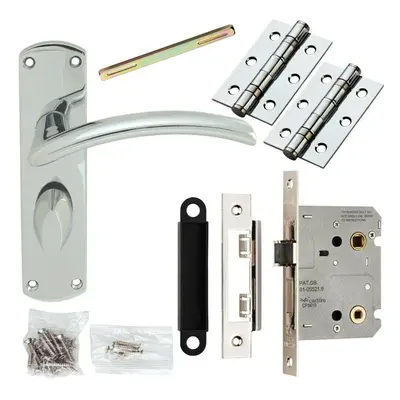 Door Handle & Bathroom Lock Pack Chrome Arched Lever Thumb Turn Backplate