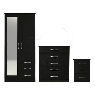 Ready assembled Pcs Classic Door Mirrored Combi Wardrobe, Chest And Bedside Set Black