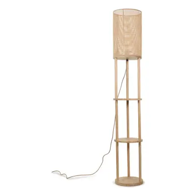 Natural Wooden Tier Floor Lamp Bamboo Shade Storage Shelves Light + LED