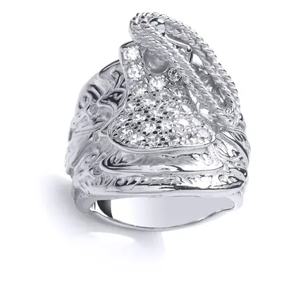 (W) Jewelco London Mens Sterling Silver Cubic Zirconia Carved Horse Saddle Signet Ring - GVR780