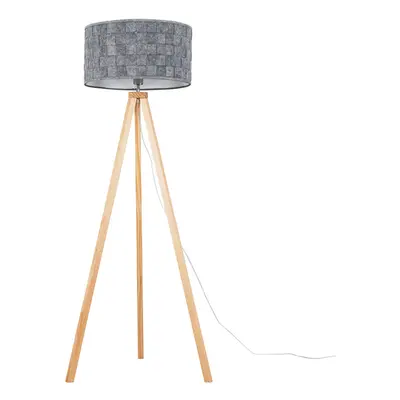 Modern Light Wood Tripod Design Floor Lamp with a Grey Felt Weave Design Cylinder Light Shade - 