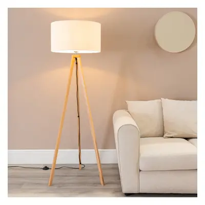 ValueLights Barbro Linen White Trim Drum Shade Wood Floor Lamp & Bulb